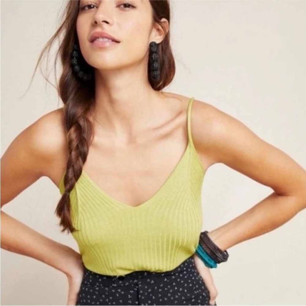 Anthropologie Ribbed Knit Camisole Lime Green Women Size XL Office Linen Blend
